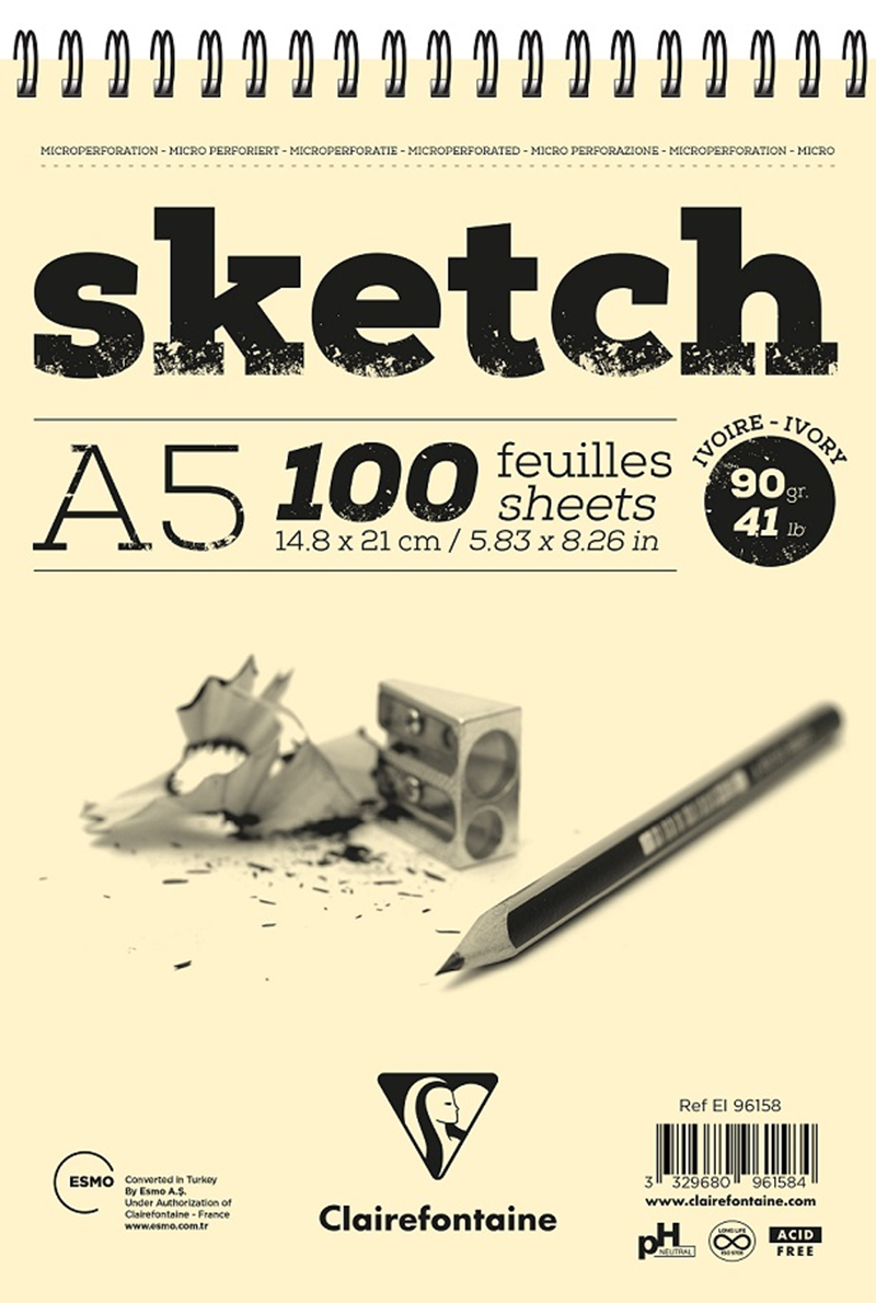 CLAIREFONTAINE ESKİZ BLOK ESQUISSE SKETCH IVORY SPİRALLİ KISA KENAR A5 90 GR 50 YP EI96158