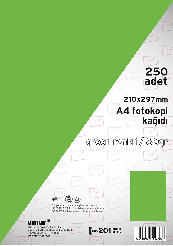UMUR RENKLİ FOTOKOPİ KAĞIDI A4 80 GR 250 Lİ GREEN (190) 30009257