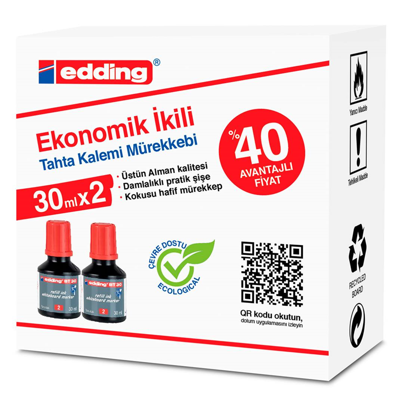 EDDING BEYAZ TAHTA MÜREKKEBİ 30 ML E-BT30 KIRMIZI 2 Lİ
