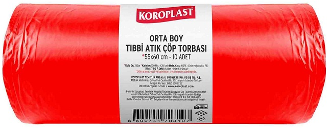 KOROPLAST ÇÖP TORBASI ORTA 55x60 TIBBİ ATIK BASKILI 355 GR 10 LU 100 MİC. ST01500412