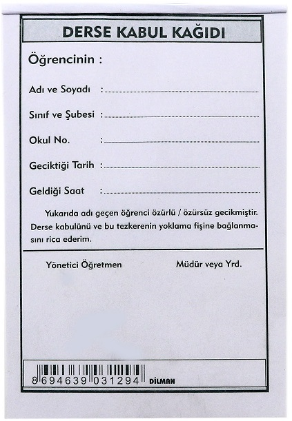 DİLMAN DERSE KABUL KAĞIDI 100 LÜ 3129