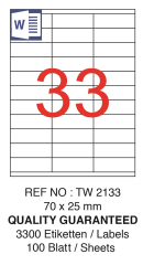 TANEX LASER ETİKET TW-2133 70 X 25 MM ( 33 ) 100 LÜ