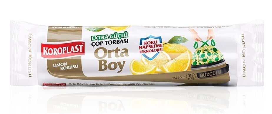 KOROPLAST ÇÖP TORBASI ORTA 55x60 BÜZGÜLÜ EKSTRA GÜÇLÜ LİMON KOKULU 15 Lİ ST01600154