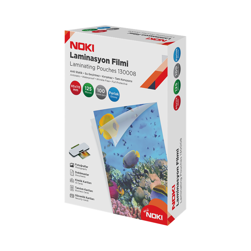 NOKİ LAMİNASYON FİLMİ 85x115 MM 125 MİC. PARLAK 100 LÜ 130008