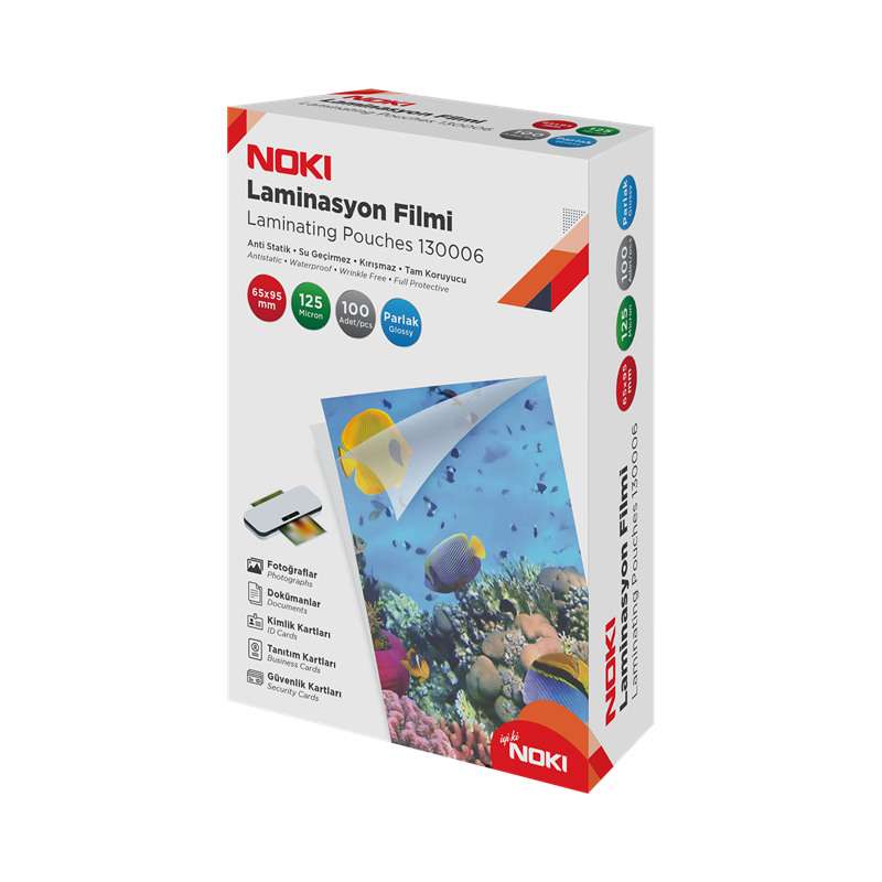 NOKİ LAMİNASYON FİLMİ 65x95 MM 125 MİC. PARLAK 100 LÜ 130006