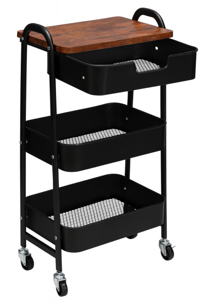 KRAF RAF ÜNİTESİ TEKERLEKLİ METAL 3 KATLI 495G SİYAH (ÇEKMECELİ)