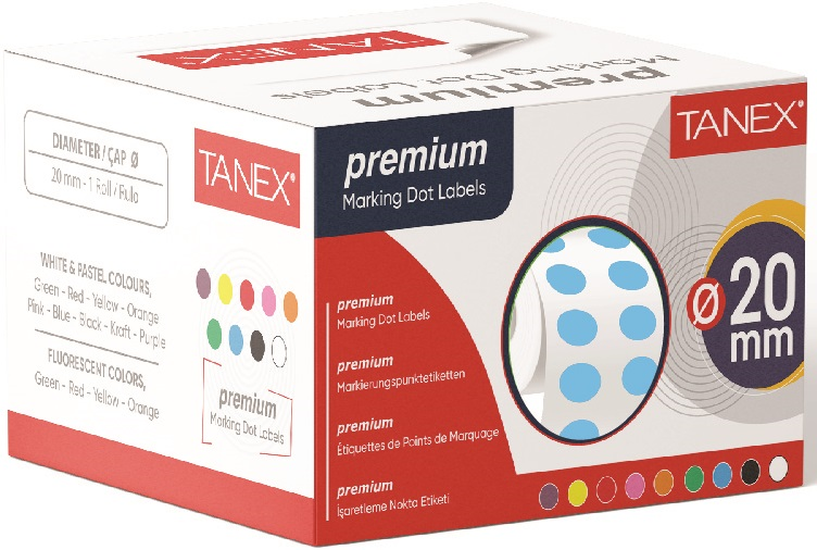 TANEX NOKTA ETİKETİ 20 MM 2500 LÜ MAVİ TEKLİ KUTU