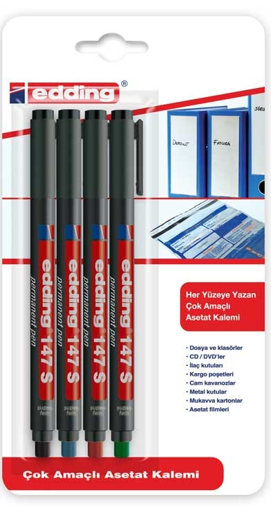 EDDING ASETAT KALEMİ SİLGİLİ E-147S 4 LÜ POŞET