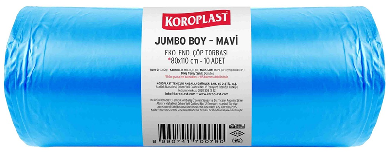 KOROPLAST ÇÖP TORBASI AĞIR SANAYİ JUMBO MAVİ 80x110 800 GR 10 LU 96 MİC. ST01500395
