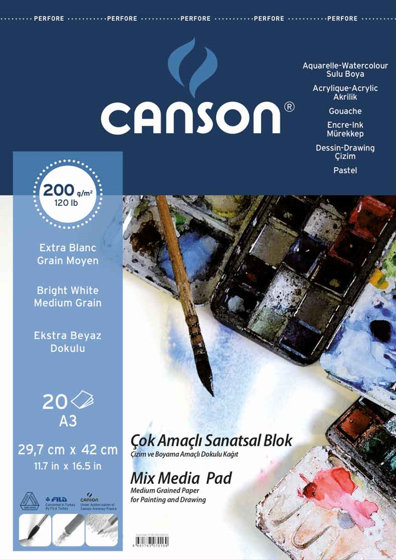CANSON RESİM ve ÇİZİM BLOĞU 1557 MIX MEDIA FINFACE SPİRALLİ A3 200 GR 20 SF FCNS20020A3US