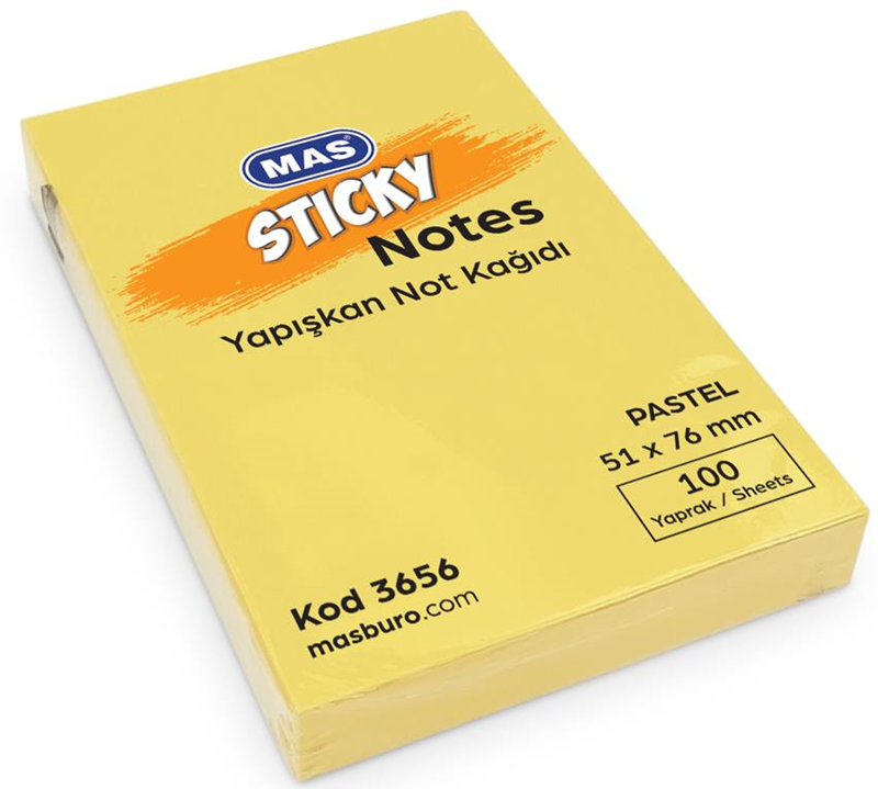 MAS YAPIŞKANLI NOT KAĞIDI 3656 51x76 100 YP PASTEL SARI