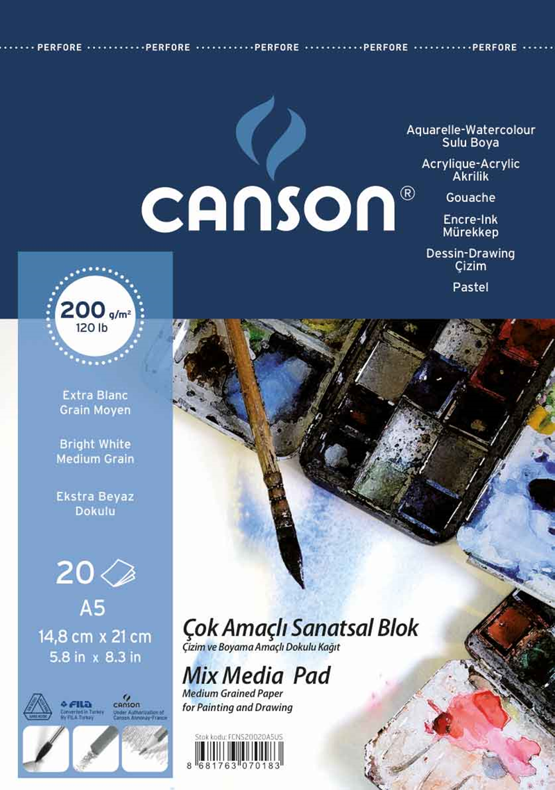 CANSON RESİM ve ÇİZİM BLOĞU 1557 MIX MEDIA FINFACE SPİRALLİ A5 200 GR 20 SF FCNS20020A5US