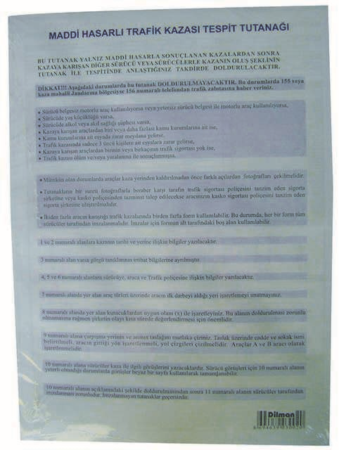 DİLMAN KAZA TESPİT FORMU OTOKOPİLİ 48 Lİ 3002