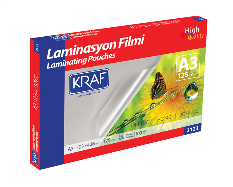 KRAF LAMİNASYON FİLMİ PARLAK A3 125 Mic. 100 LÜ 2123