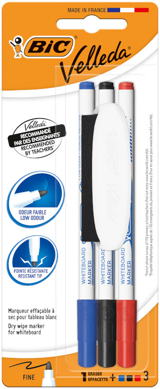 BIC BEYAZ TAHTA KALEMİ VELLEDA ÇOCUK 1721 3 LÜ POŞET KARIŞIK RENK+SİLGİLİ 875708