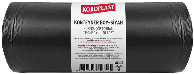 KOROPLAST ÇÖP TORBASI HORECA KONTEYNER SİYAH 120x150 KÖRÜKLÜ 600 GR 10 LU 33 MİC. ST01500427
