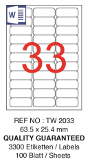TANEX LASER ETİKET TW-2033 63.5 X 25.4 MM ( 33 ) 100 LÜ