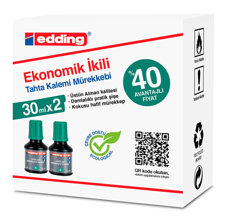 EDDING BEYAZ TAHTA MÜREKKEBİ 30 ML E-BT30 YEŞİL 2 Lİ