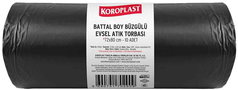 KOROPLAST ÇÖP TORBASI BATTAL 72x80 BÜZGÜLÜ EVSEL ATIK SİYAH 450 GR 10 LU 70 MİC. ST01600178