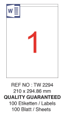 TANEX LASER ETİKET TW-2294 210 X 294.86 MM ( 1 ) 100 LÜ