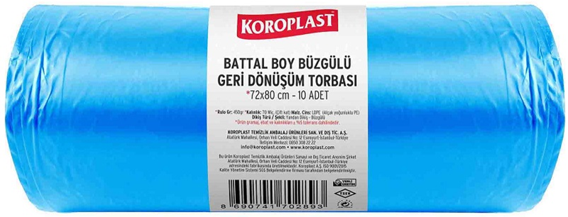 KOROPLAST ÇÖP TORBASI BATTAL 72x80 BÜZGÜLÜ GERİ DÖNÜŞÜM MAVİ 450 GR 10 LU 70 MİC. ST01600177