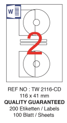 TANEX LASER ETİKET TW-2116 CD 116 X 41 MM ( 2 ) 100 LÜ