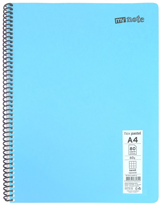 MYNOTE DEFTER FLEX PASTEL PP KAPAK SPİRALLİ A4 72 YP DÜZ MFXPA-A472-ÇZ