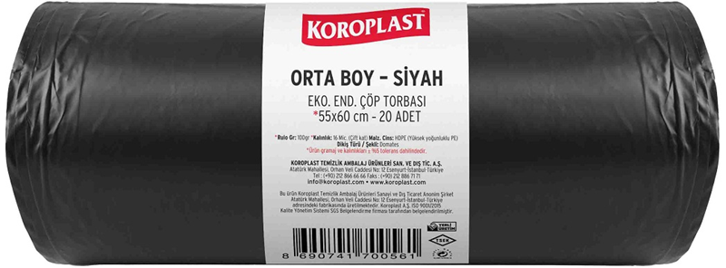 KOROPLAST ÇÖP TORBASI EKO END.SİYAH ORTA 55x60 80 GR 20 Lİ 13 MİC. ST01500328