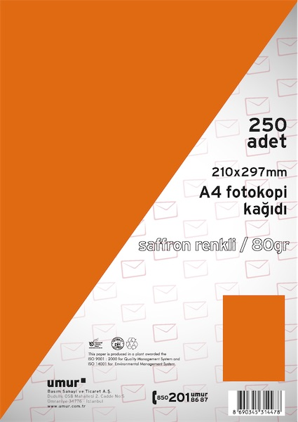 UMUR RENKLİ FOTOKOPİ KAĞIDI A4 80 GR 250 Lİ SAFFRON (240) 30009260