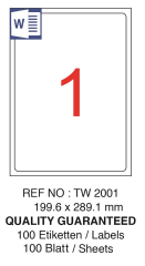 TANEX LASER ETİKET TW-2001 199.6 X 289.1 MM ( 1 ) 100 LÜ