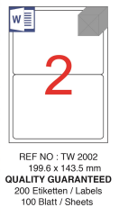 TANEX LASER ETİKET TW-2002 199.6 X 143.5 MM ( 2 ) 100 LÜ