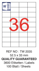 TANEX LASER ETİKET TW-2035 52.5 X 33 MM ( 36 ) 100 LÜ