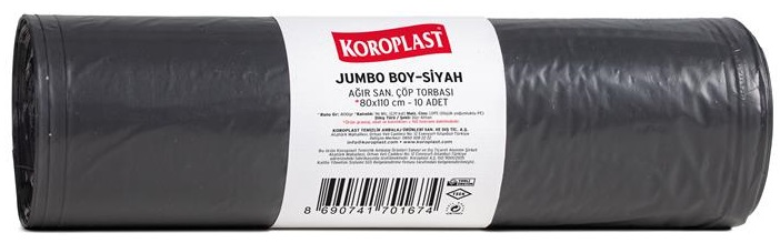 KOROPLAST ÇÖP TORBASI AĞIR SANAYİ JUMBO SİYAH 80x110 800 GR 10 LU 96 MİC. ST01500345