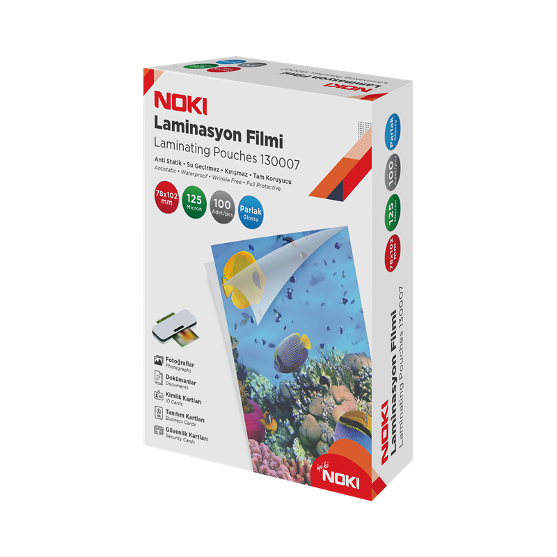 NOKİ LAMİNASYON FİLMİ 78x102 MM 125 MİC. PARLAK 100 LÜ 130007